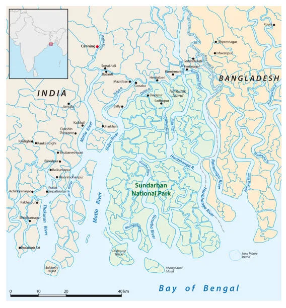 Detailed map of Sundarban National Park showing delta and rivers